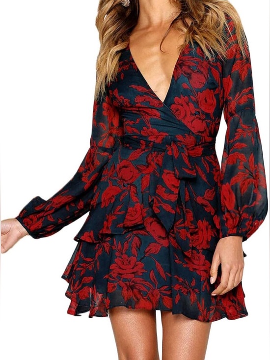 Dresses & Skirts - NWT - Black Dress with Bright Pinkish Red Floral Print and Waist Tie